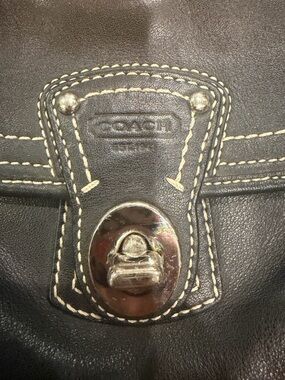 Vintage Coach Black Leather Messenger Bag with White Contrast Stitching